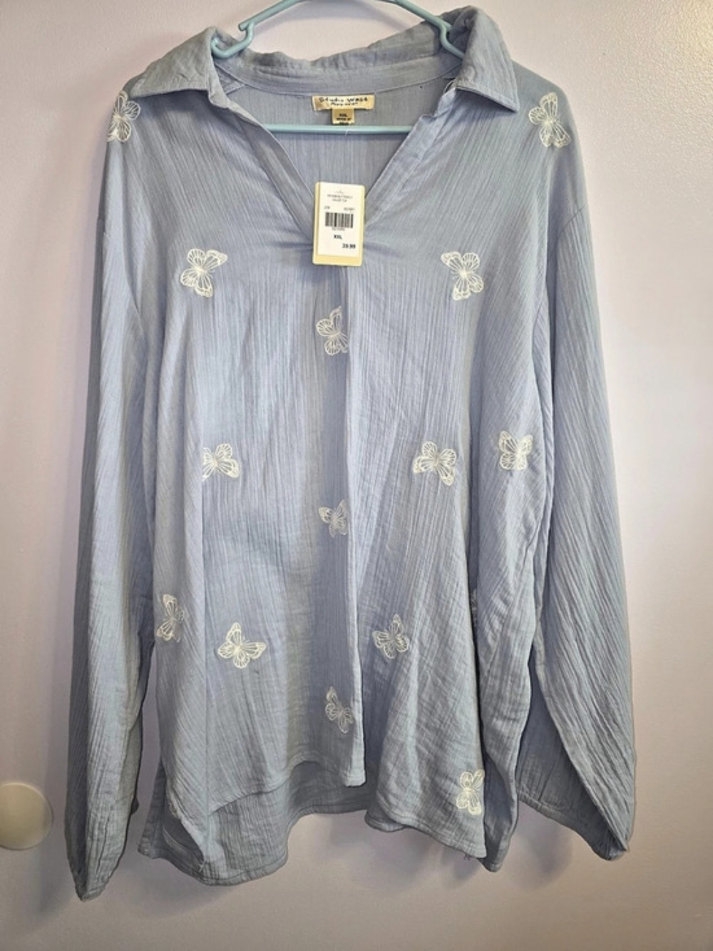 Studio West Embroidered Button Down Top in Blue XXL NWT